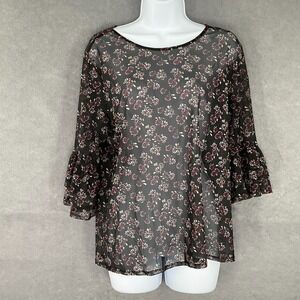 No Boundaries Top Womens Sz XXL Mesh Sheer Floral Bell Sleeve Blouse Whimsigoth